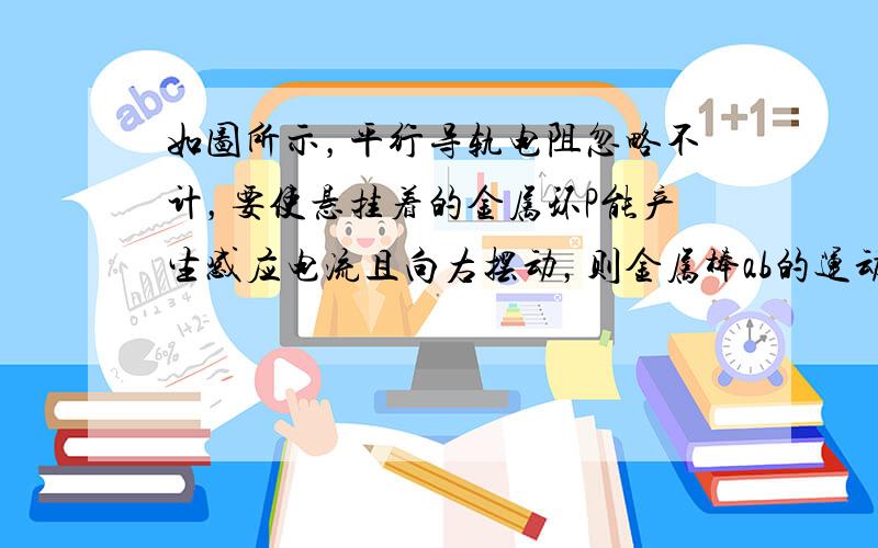 如图所示，平行导轨电阻忽略不计，要使悬挂着的金属环P能产生感应电流且向右摆动，则金属棒ab的运动应是（　　）