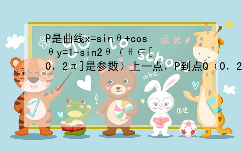 P是曲线x=sinθ+cosθy=1-sin2θ（θ∈[0，2π]是参数）上一点，P到点Q（0，2）距离的最小值是___