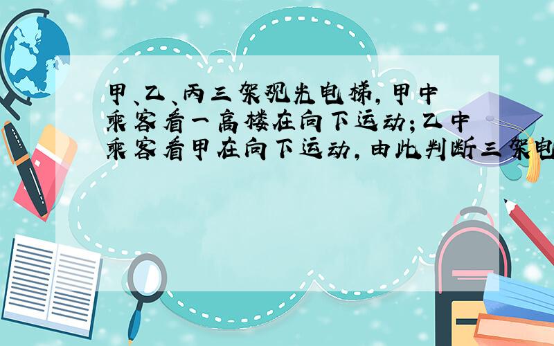 甲、乙、丙三架观光电梯,甲中乘客看一高楼在向下运动；乙中乘客看甲在向下运动,由此判断三架电梯相对于