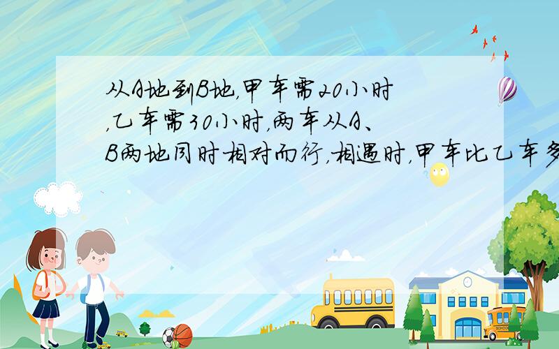 从A地到B地，甲车需20小时，乙车需30小时，两车从A、B两地同时相对而行，相遇时，甲车比乙车多行了384千米，两地相距