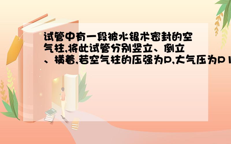 试管中有一段被水银术密封的空气柱,将此试管分别竖立、倒立、横着,若空气柱的压强为P,大气压为P1,则满足P小于P1的应该