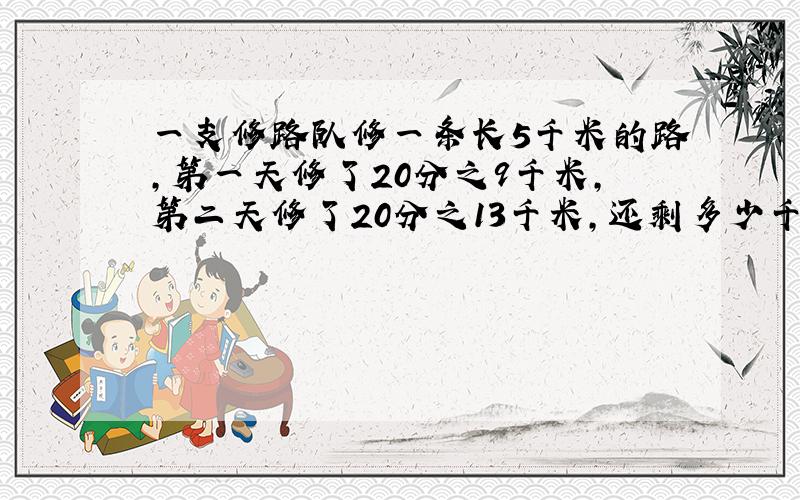 一支修路队修一条长5千米的路,第一天修了20分之9千米,第二天修了20分之13千米,还剩多少千米没有修?