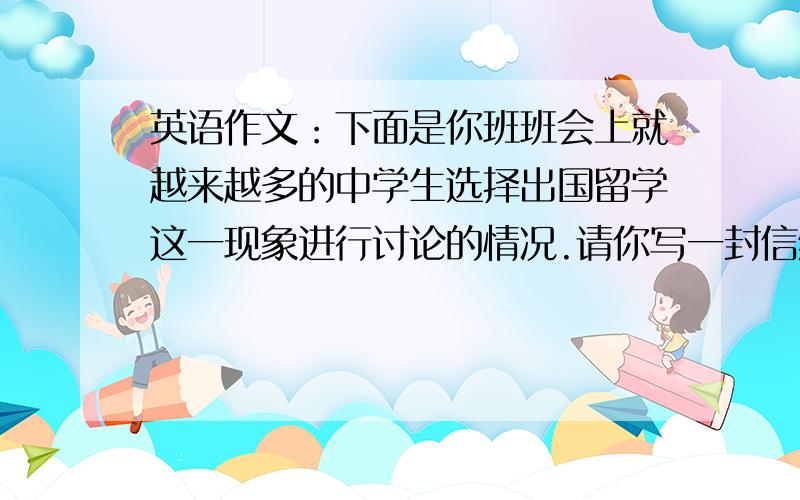 英语作文：下面是你班班会上就越来越多的中学生选择出国留学这一现象进行讨论的情况.请你写一封信给21st century报