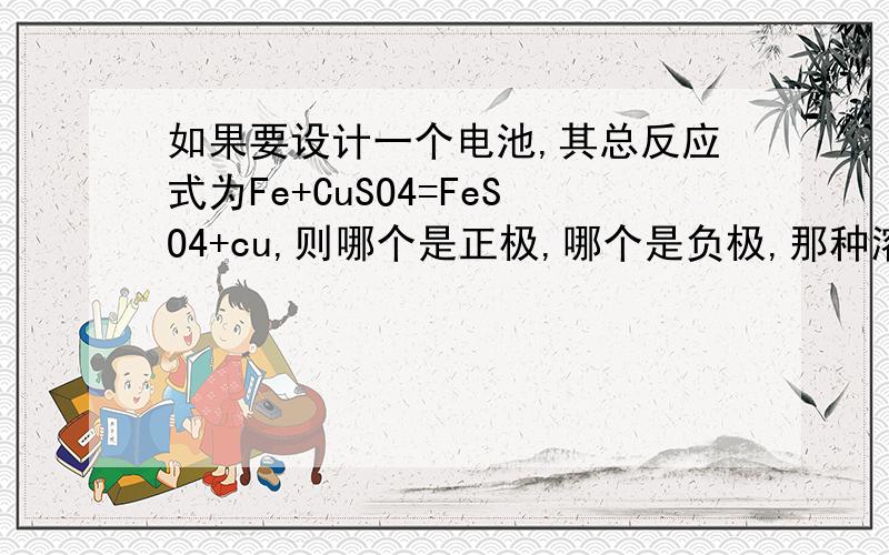 如果要设计一个电池,其总反应式为Fe+CuSO4=FeSO4+cu,则哪个是正极,哪个是负极,那种溶液做电解液?