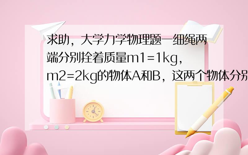 求助，大学力学物理题一细绳两端分别拴着质量m1=1kg，m2=2kg的物体A和B，这两个物体分别放在两水平桌面上，与桌面