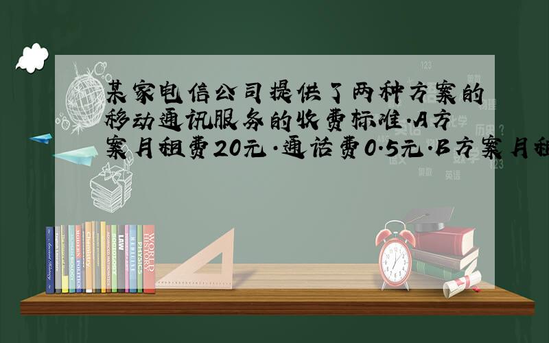 某家电信公司提供了两种方案的移动通讯服务的收费标准.A方案月租费20元·通话费0.5元.B方案月租费50元·