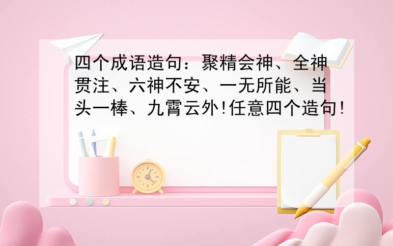 四个成语造句：聚精会神、全神贯注、六神不安、一无所能、当头一棒、九霄云外!任意四个造句!