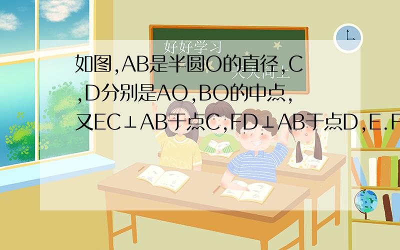 如图,AB是半圆O的直径,C,D分别是AO,BO的中点,又EC⊥AB于点C,FD⊥AB于点D,E.F在半圆O上