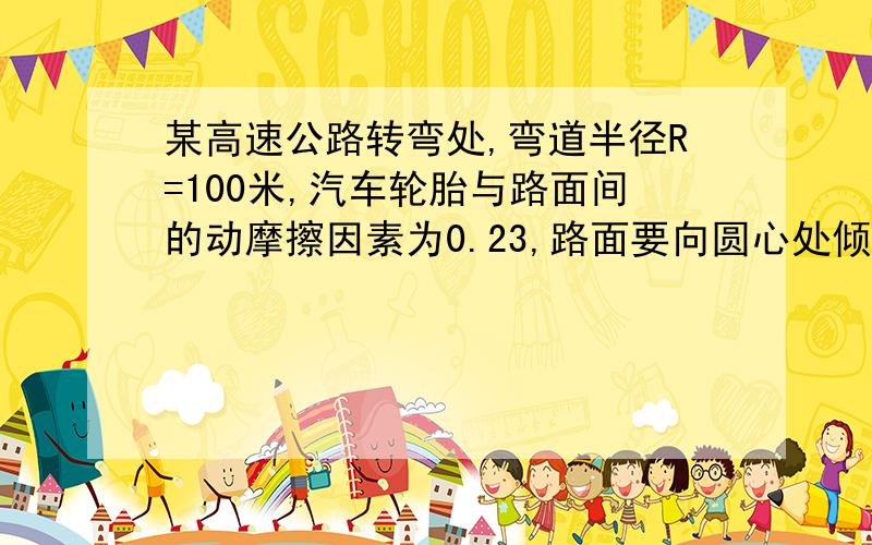 某高速公路转弯处,弯道半径R=100米,汽车轮胎与路面间的动摩擦因素为0.23,路面要向圆心处倾斜,汽车若以