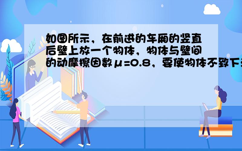 如图所示，在前进的车厢的竖直后壁上放一个物体，物体与壁间的动摩擦因数μ=0.8，要使物体不致下滑，车厢至少应以多大的加速