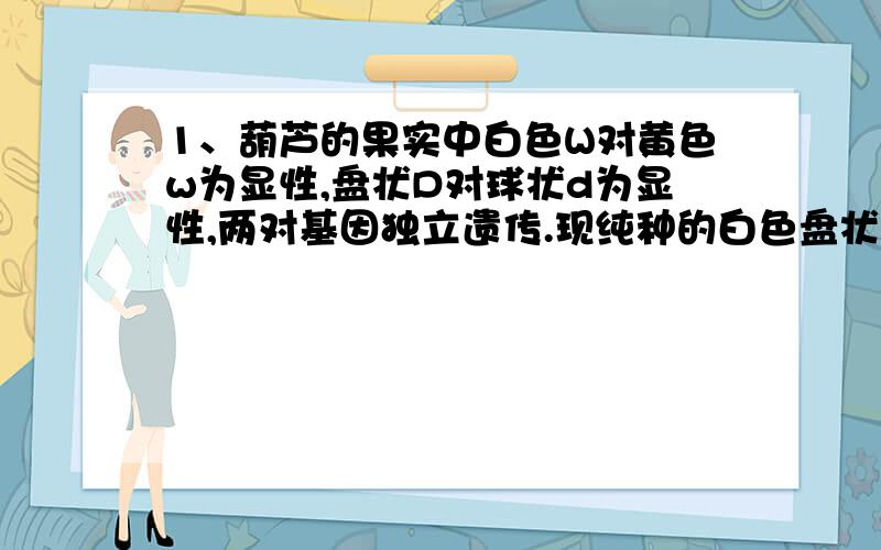 1、葫芦的果实中白色W对黄色w为显性,盘状D对球状d为显性,两对基因独立遗传.现纯种的白色盘状与黄色球状