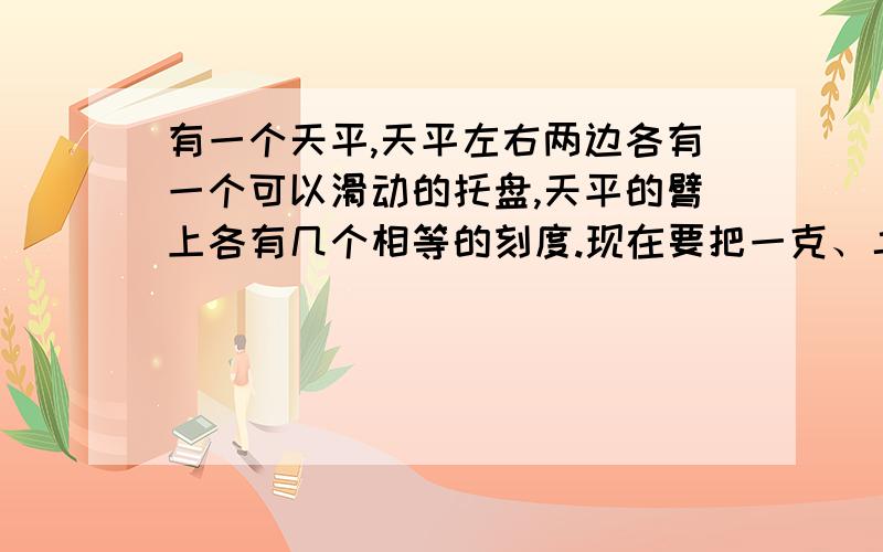 有一个天平,天平左右两边各有一个可以滑动的托盘,天平的臂上各有几个相等的刻度.现在要把一克、二克、三克、四克、五克五个砝