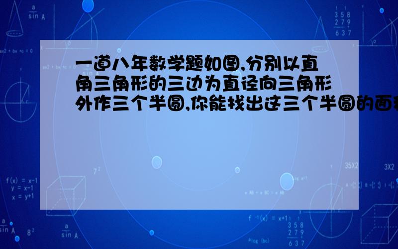 一道八年数学题如图,分别以直角三角形的三边为直径向三角形外作三个半圆,你能找出这三个半圆的面积有什么关系吗?请说明理由.