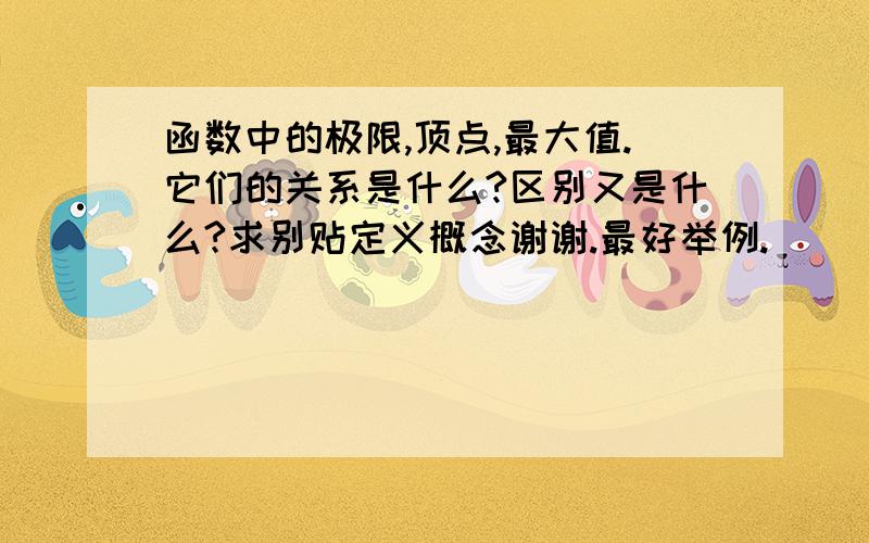 函数中的极限,顶点,最大值.它们的关系是什么?区别又是什么?求别贴定义概念谢谢.最好举例.