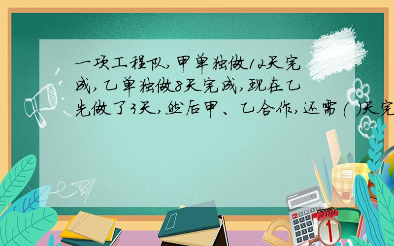 一项工程队,甲单独做12天完成,乙单独做8天完成,现在乙先做了3天,然后甲、乙合作,还需( )天完成,甲一共做了总工程量