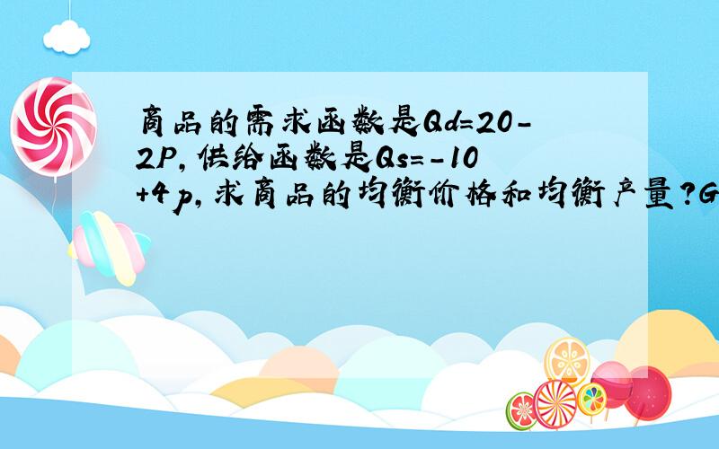 商品的需求函数是Qd=20-2P,供给函数是Qs=-10+4p,求商品的均衡价格和均衡产量?GG MM们帮小弟做下吧.