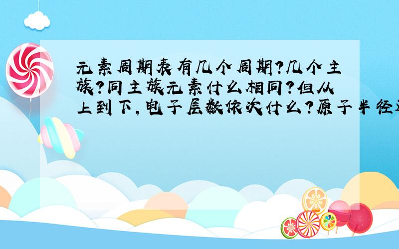 元素周期表有几个周期?几个主族?同主族元素什么相同?但从上到下,电子层数依次什么?原子半径逐渐什么