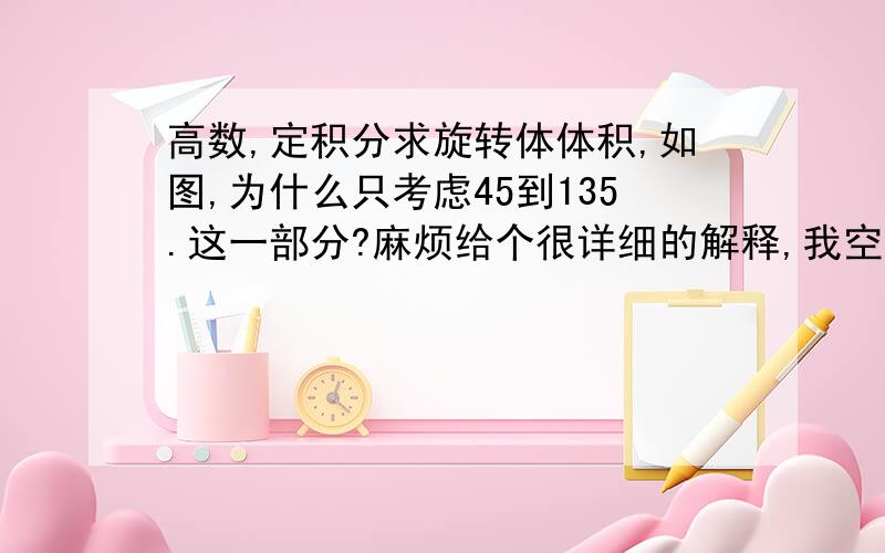 高数,定积分求旋转体体积,如图,为什么只考虑45到135.这一部分?麻烦给个很详细的解释,我空间能力不好,所以务必详细附