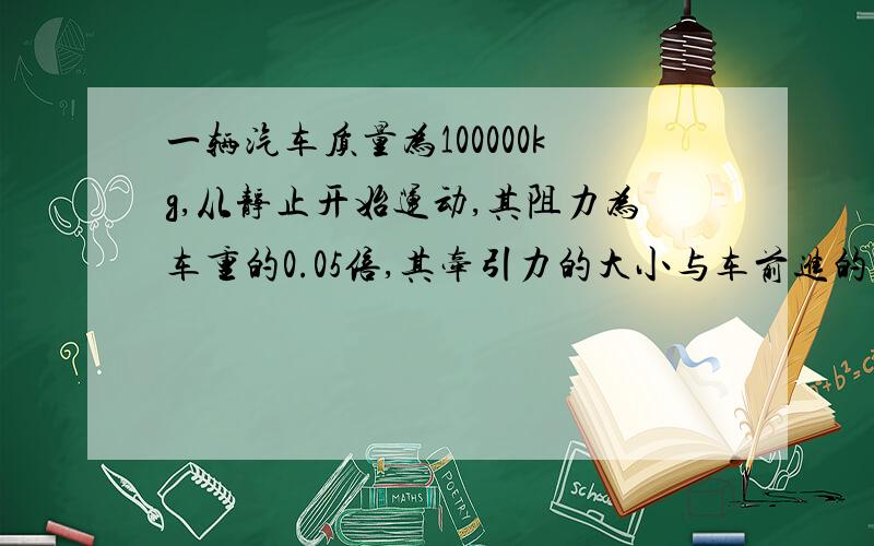 一辆汽车质量为100000kg,从静止开始运动,其阻力为车重的0.05倍,其牵引力的大小与车前进的距离变化关系为F=10