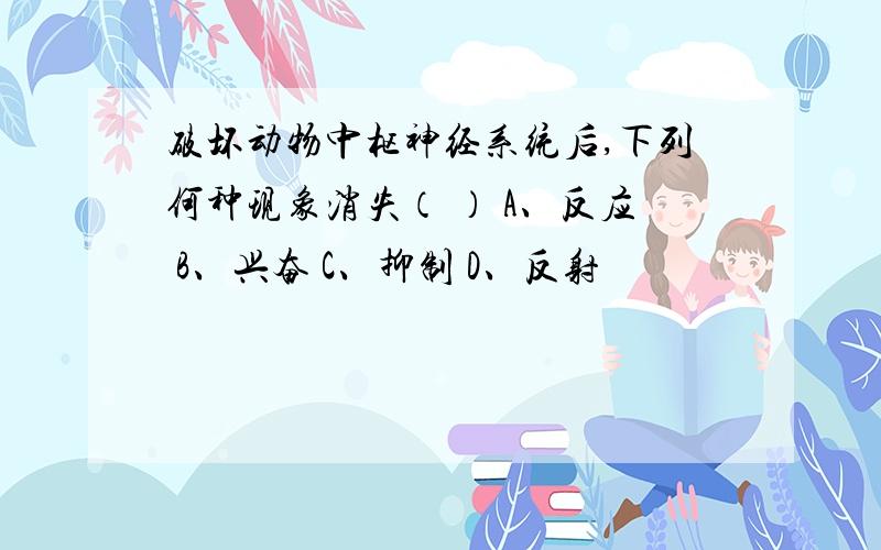 破坏动物中枢神经系统后,下列何种现象消失（ ） A、反应 B、兴奋 C、抑制 D、反射