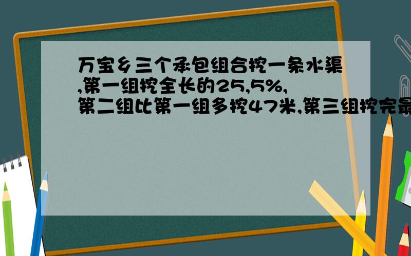 万宝乡三个承包组合挖一条水渠,第一组挖全长的25,5%,第二组比第一组多挖47米,第三组挖完最后1OO米,这条水渠全长有