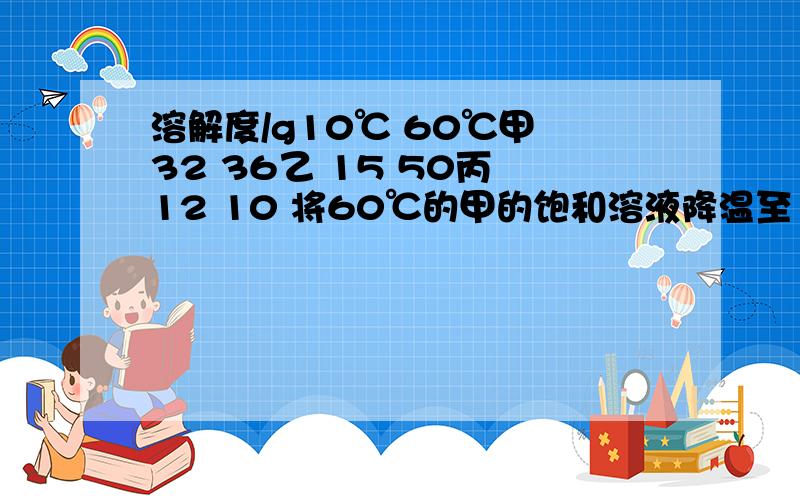 溶解度/g10℃ 60℃甲 32 36乙 15 50丙 12 10 将60℃的甲的饱和溶液降温至10摄示度时,除溶解度发