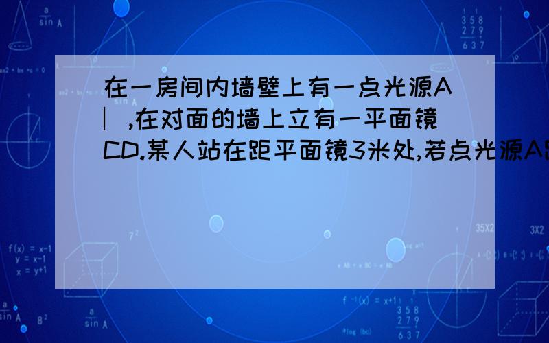 在一房间内墙壁上有一点光源A︳,在对面的墙上立有一平面镜CD.某人站在距平面镜3米处,若点光源A距平面镜5