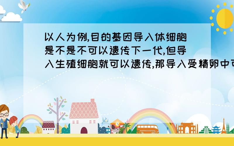 以人为例,目的基因导入体细胞是不是不可以遗传下一代,但导入生殖细胞就可以遗传,那导入受精卵中可否遗传?