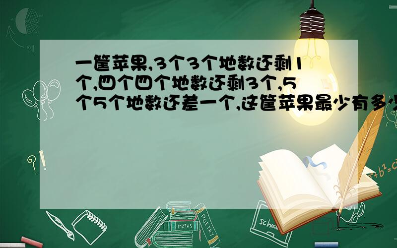 一筐苹果,3个3个地数还剩1个,四个四个地数还剩3个,5个5个地数还差一个,这筐苹果最少有多少个?