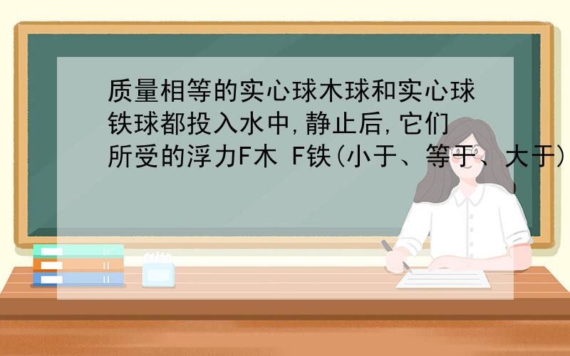 质量相等的实心球木球和实心球铁球都投入水中,静止后,它们所受的浮力F木 F铁(小于、等于、大于)