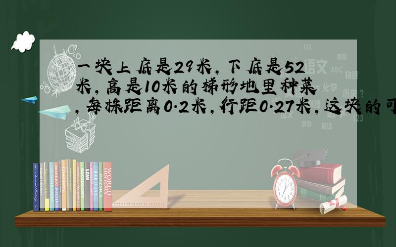 一块上底是29米,下底是52米,高是10米的梯形地里种菜,每株距离0.2米,行距0.27米,这块的可种多少株油菜?