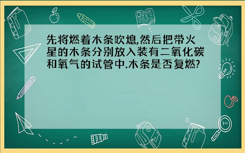 先将燃着木条吹熄,然后把带火星的木条分别放入装有二氧化碳和氧气的试管中.木条是否复燃?