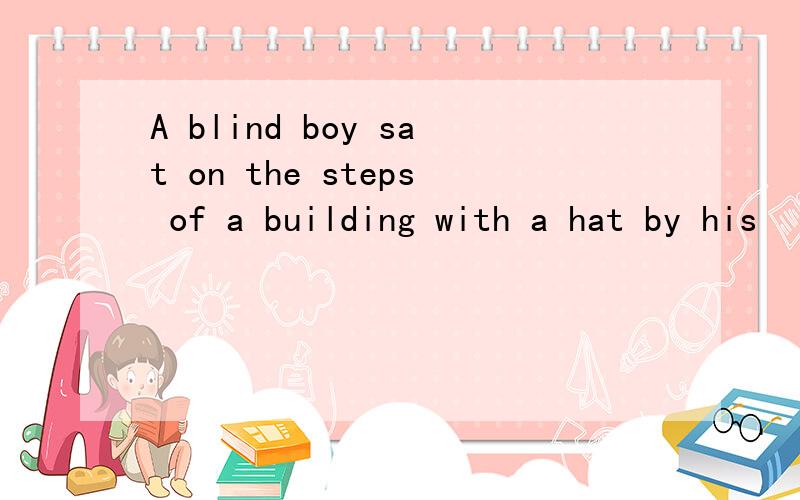 A blind boy sat on the steps of a building with a hat by his