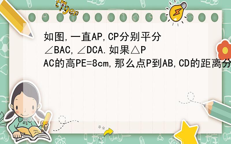 如图,一直AP,CP分别平分∠BAC,∠DCA.如果△PAC的高PE=8cm,那么点P到AB,CD的距离分别等于多少?