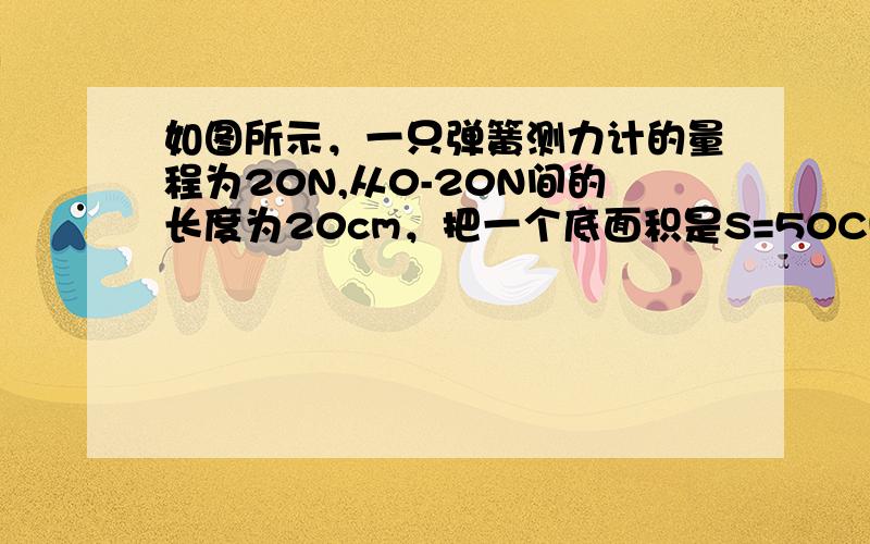 如图所示，一只弹簧测力计的量程为20N,从0-20N间的长度为20cm，把一个底面积是S=50CM²的圆柱体木块的上底面