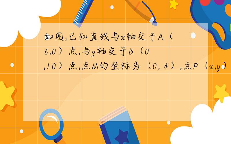 如图,已知直线与x轴交于A（6,0）点,与y轴交于B（0,10）点,点M的坐标为（0, 4）,点P（x,y）是折线O