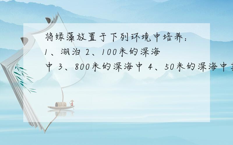 将绿藻放置于下列环境中培养：1、湖泊 2、100米的深海中 3、800米的深海中 4、50米的深海中其中...