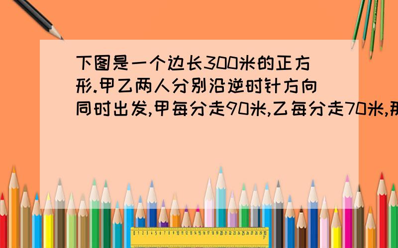 下图是一个边长300米的正方形.甲乙两人分别沿逆时针方向同时出发,甲每分走90米,乙每分走70米,那么经过多少时间甲第一