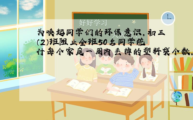 为唤起同学们的环保意识,初三（2）班阻止全班50名同学统计每个家庭一周内丢掉的塑料袋个数,列表如下：