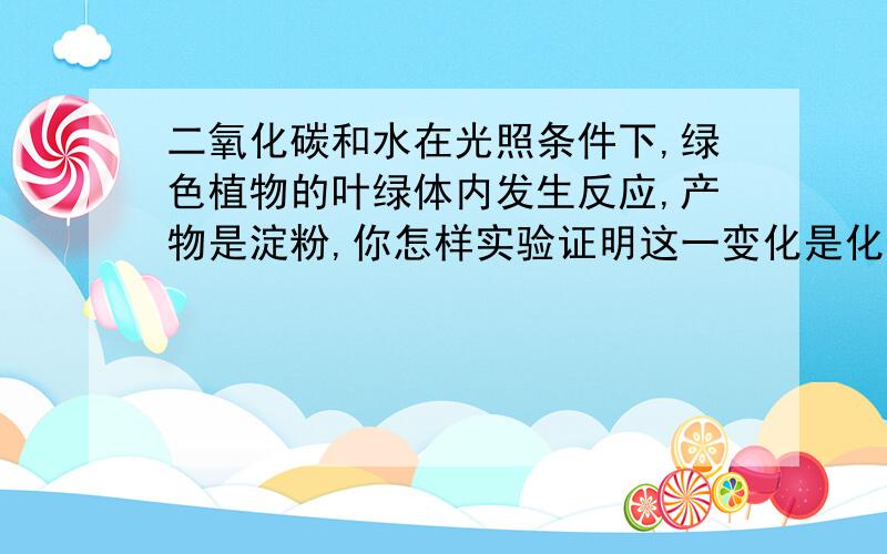 二氧化碳和水在光照条件下,绿色植物的叶绿体内发生反应,产物是淀粉,你怎样实验证明这一变化是化学变化