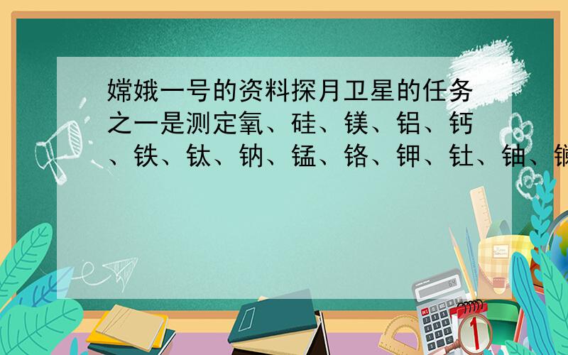 嫦娥一号的资料探月卫星的任务之一是测定氧、硅、镁、铝、钙、铁、钛、钠、锰、铬、钾、钍、铀、镧等十四种元素在月球的分布情况