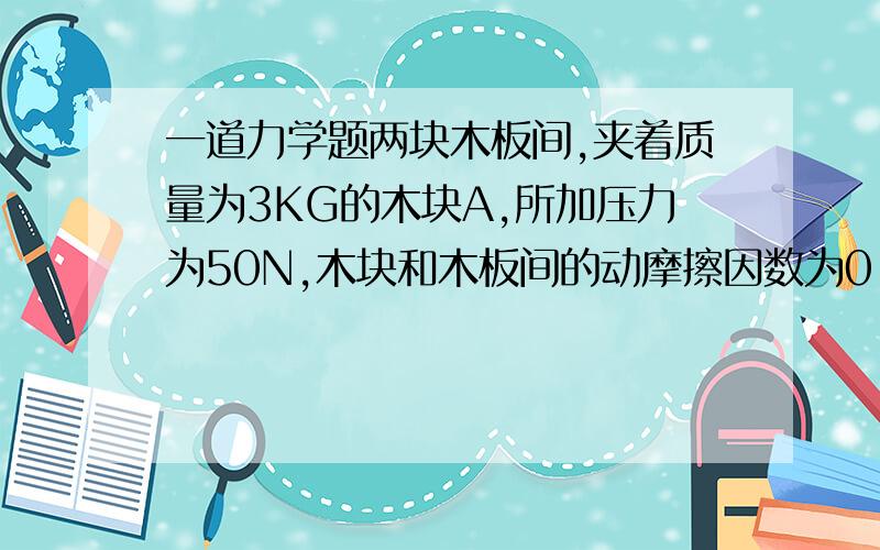 一道力学题两块木板间,夹着质量为3KG的木块A,所加压力为50N,木块和木板间的动摩擦因数为0.4,问：木块A受哪几个力