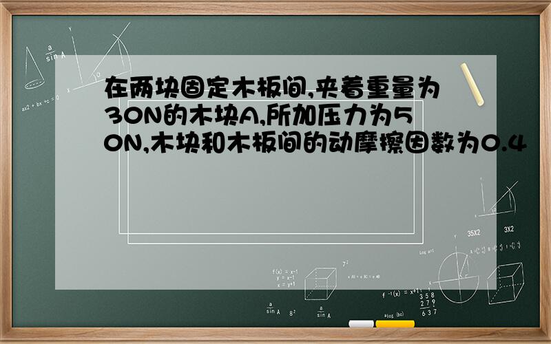 在两块固定木板间,夹着重量为30N的木块A,所加压力为50N,木块和木板间的动摩擦因数为0.4