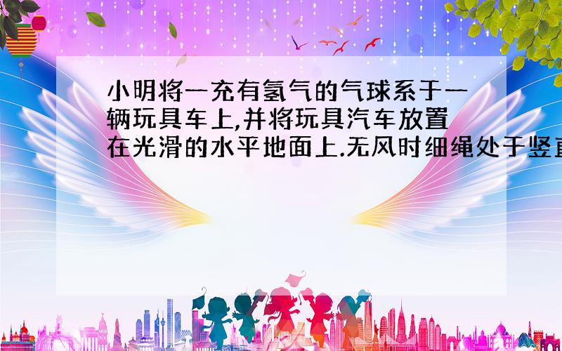 小明将一充有氢气的气球系于一辆玩具车上,并将玩具汽车放置在光滑的水平地面上.无风时细绳处于竖直位置,当一阵风沿水平方向吹