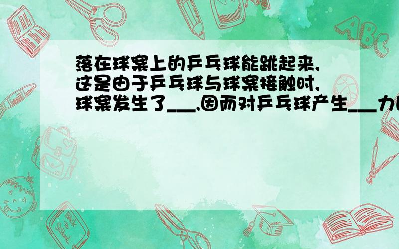 落在球案上的乒乓球能跳起来,这是由于乒乓球与球案接触时,球案发生了___,因而对乒乓球产生___力的结果