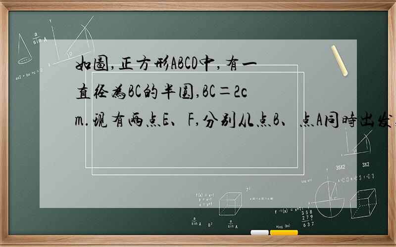 如图,正方形ABCD中,有一直径为BC的半圆,BC＝2cm.现有两点E、F,分别从点B、点A同时出发,点E沿线段BA以1