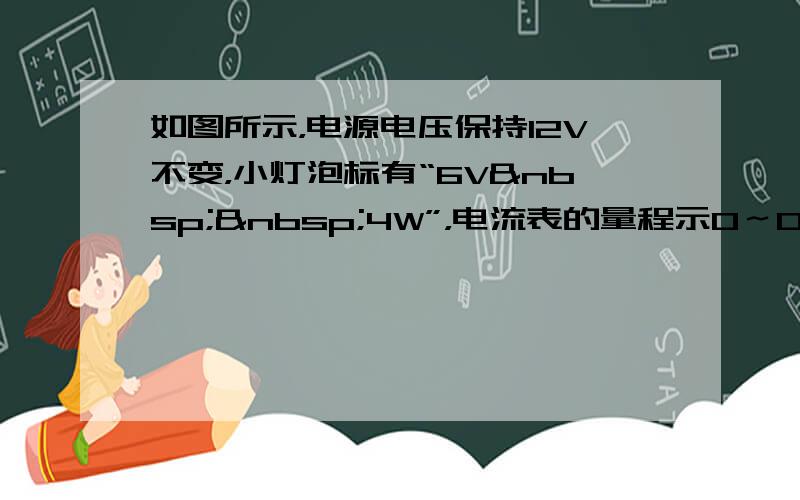 如图所示，电源电压保持12V不变，小灯泡标有“6V  4W”，电流表的量程示0～0.6A，滑动变阻器