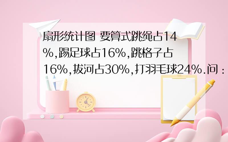 扇形统计图 要算式跳绳占14%,踢足球占16%,跳格子占16%,拔河占30%,打羽毛球24%.问：如果参加拔河比赛的有1