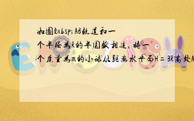 如图 AB轨道和一个半径为R的半圆弧相连，将一个质量为m的小球从距离水平面H=3R高处A点无初速的释放，整个过