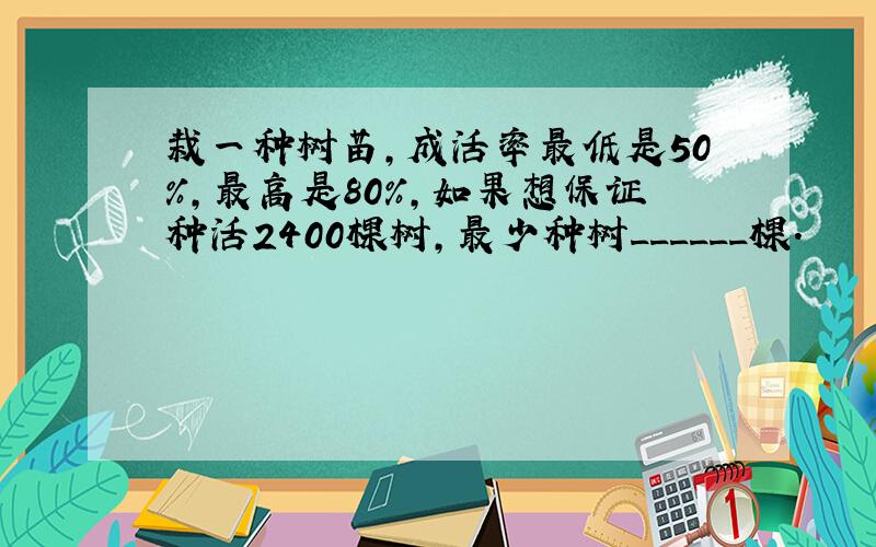 栽一种树苗，成活率最低是50%，最高是80%，如果想保证种活2400棵树，最少种树______棵．